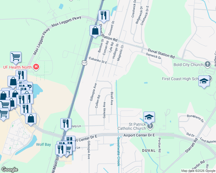 map of restaurants, bars, coffee shops, grocery stores, and more near 13457 Collen Road in Jacksonville