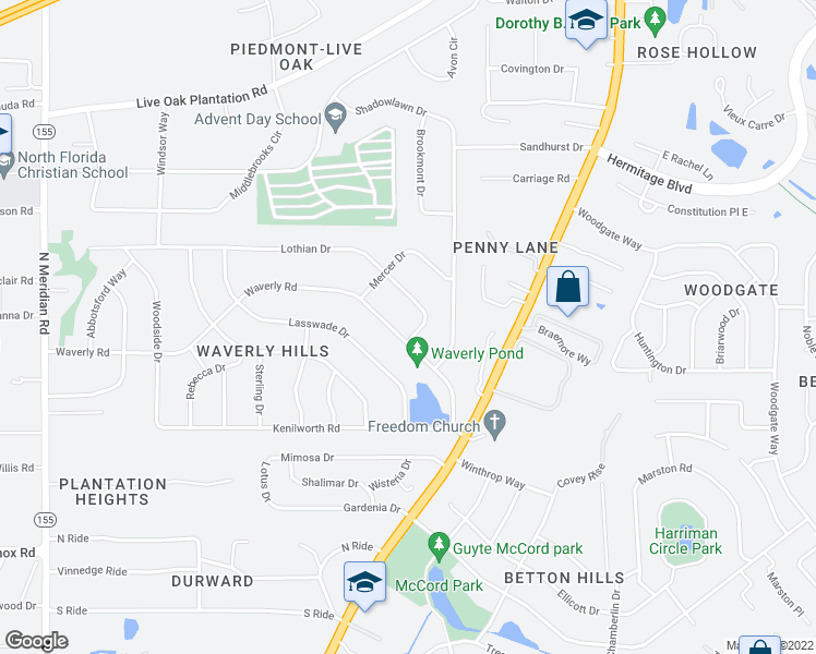 map of restaurants, bars, coffee shops, grocery stores, and more near 1122 Waverly Road in Tallahassee