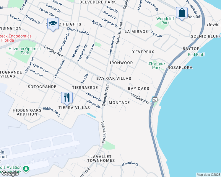 map of restaurants, bars, coffee shops, grocery stores, and more near 5880 Spanish Trail in Pensacola