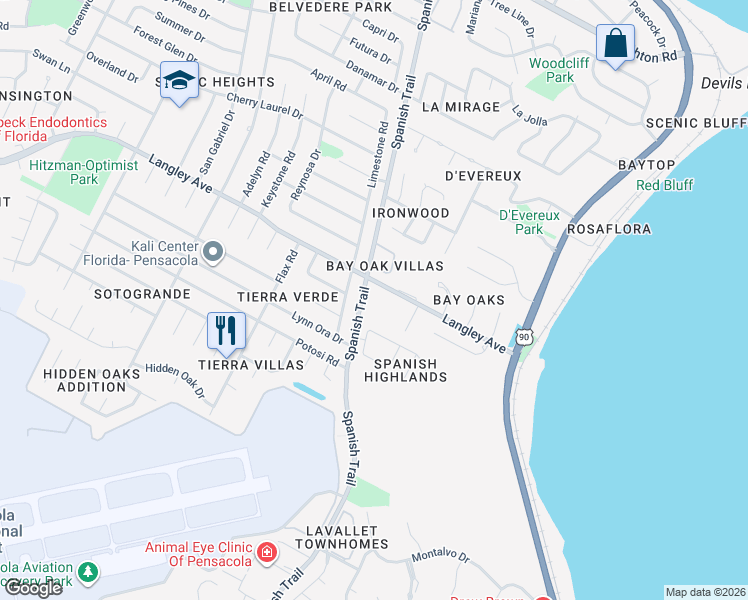 map of restaurants, bars, coffee shops, grocery stores, and more near 5870 Spanish Trail in Pensacola