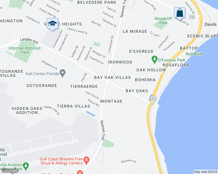 map of restaurants, bars, coffee shops, grocery stores, and more near 5880 Spanish Trail Road in Pensacola