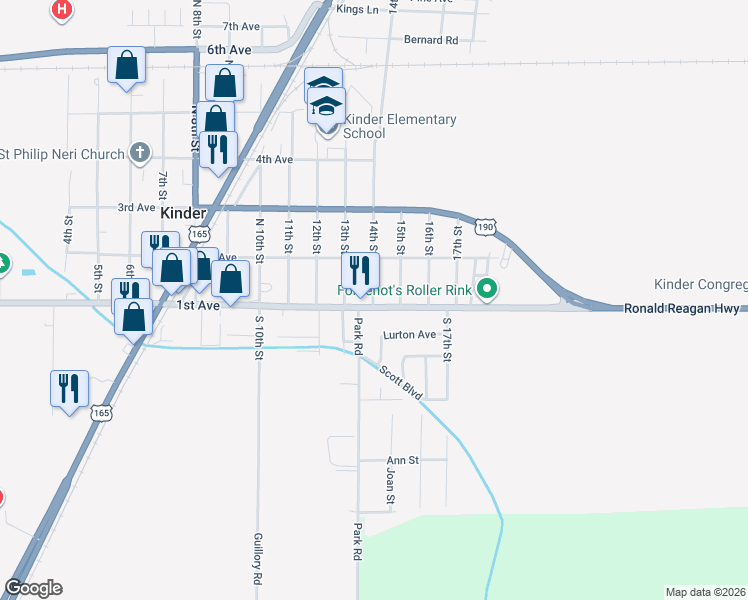 map of restaurants, bars, coffee shops, grocery stores, and more near 1400 1st Avenue in Kinder
