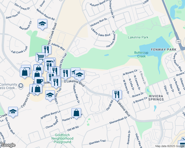 map of restaurants, bars, coffee shops, grocery stores, and more near 2000 South Lakeline Boulevard in Cedar Park
