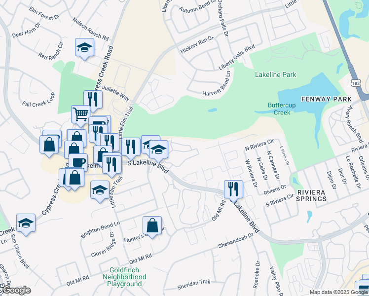 map of restaurants, bars, coffee shops, grocery stores, and more near 2000 South Lakeline Boulevard in Cedar Park
