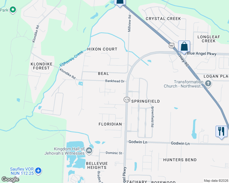 map of restaurants, bars, coffee shops, grocery stores, and more near 6815 Cedar Ridge Drive in Pensacola