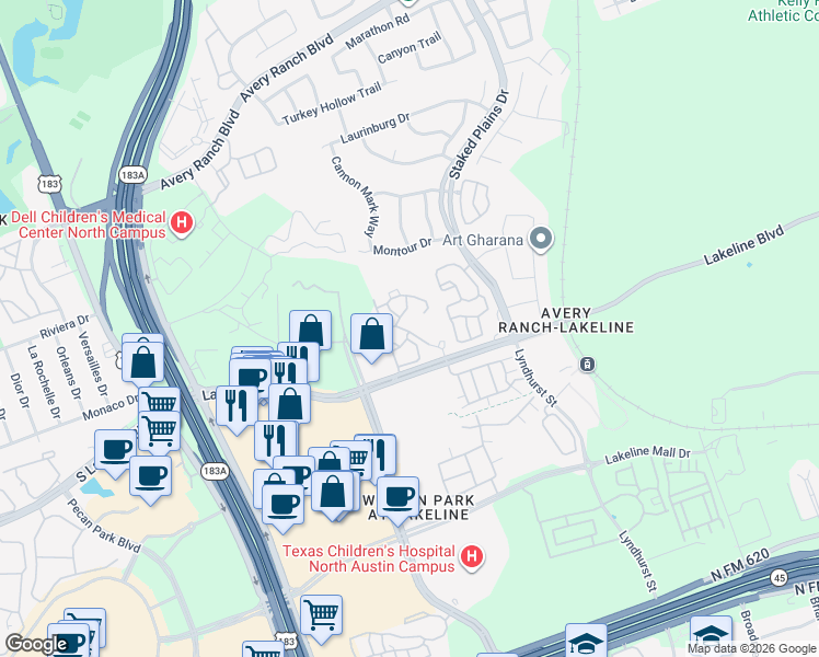 map of restaurants, bars, coffee shops, grocery stores, and more near 10800 Lakeline Boulevard in Austin