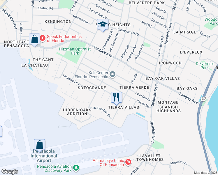 map of restaurants, bars, coffee shops, grocery stores, and more near 3910 Potosi Road in Pensacola