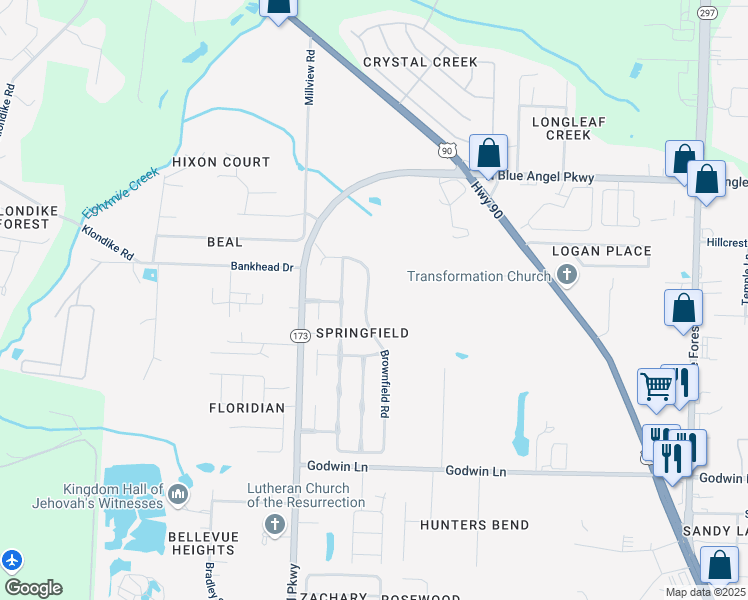 map of restaurants, bars, coffee shops, grocery stores, and more near 1147 Brownfield Road in Pensacola