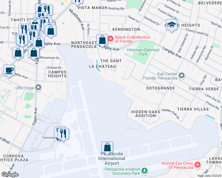 map of restaurants, bars, coffee shops, grocery stores, and more near 1 Merlion Way in Pensacola