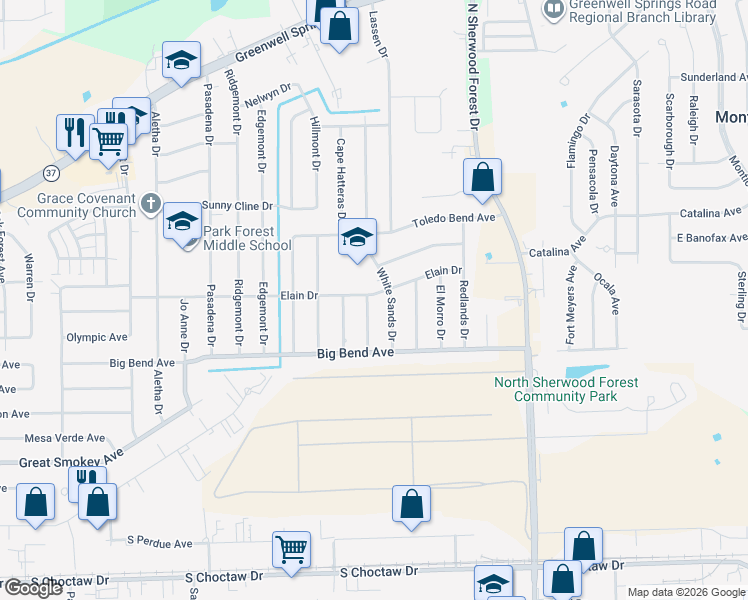 map of restaurants, bars, coffee shops, grocery stores, and more near 10717 Elain Drive in Baton Rouge
