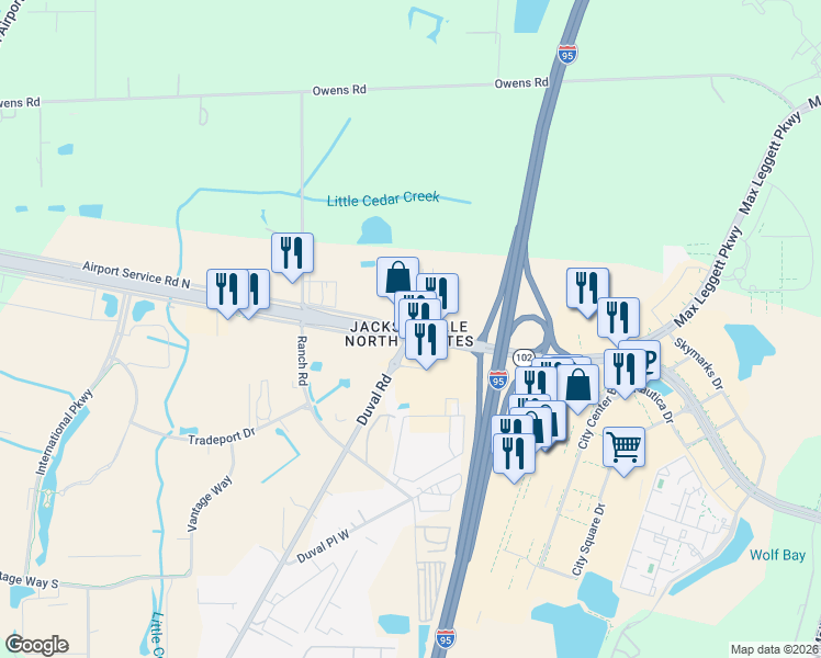 map of restaurants, bars, coffee shops, grocery stores, and more near 14679 Duval Road in Jacksonville