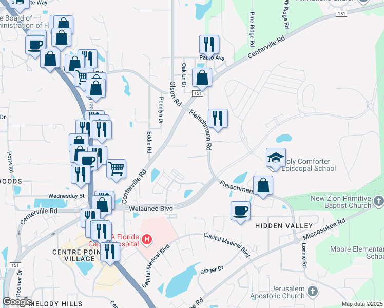 map of restaurants, bars, coffee shops, grocery stores, and more near 2596 Centerville Court in Tallahassee