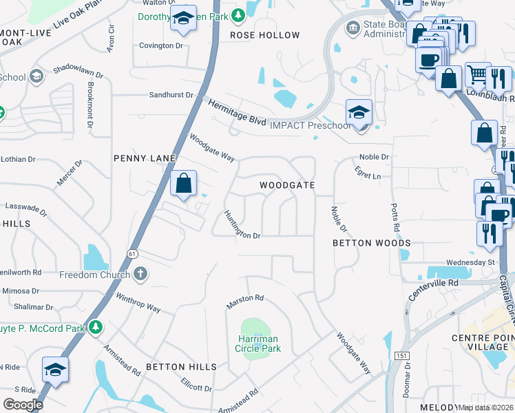 map of restaurants, bars, coffee shops, grocery stores, and more near 1521 Willow Wick Drive in Tallahassee