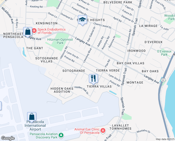 map of restaurants, bars, coffee shops, grocery stores, and more near 3910 Potosi Road in Pensacola