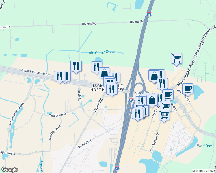 map of restaurants, bars, coffee shops, grocery stores, and more near 14679 Duval Road in Jacksonville