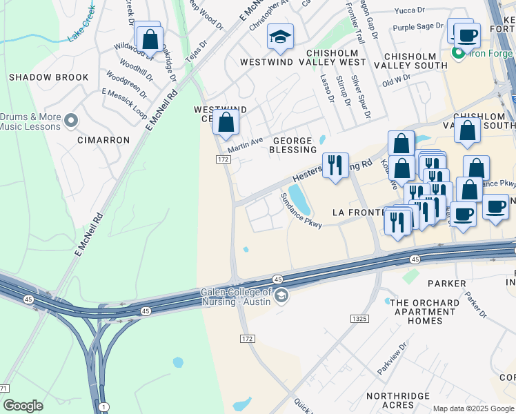 map of restaurants, bars, coffee shops, grocery stores, and more near 1401 Hesters Crossing Road in Round Rock