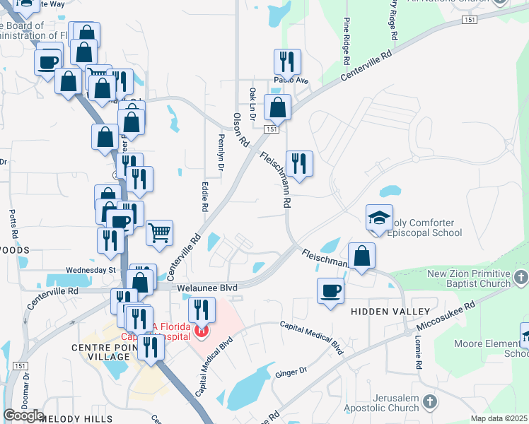 map of restaurants, bars, coffee shops, grocery stores, and more near 2596 Centerville Court in Tallahassee