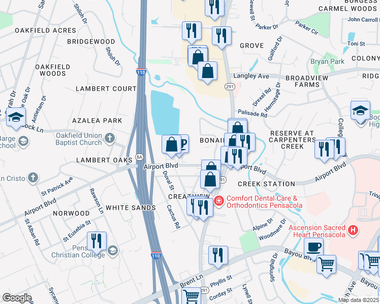 map of restaurants, bars, coffee shops, grocery stores, and more near 424 Airport Boulevard in Pensacola
