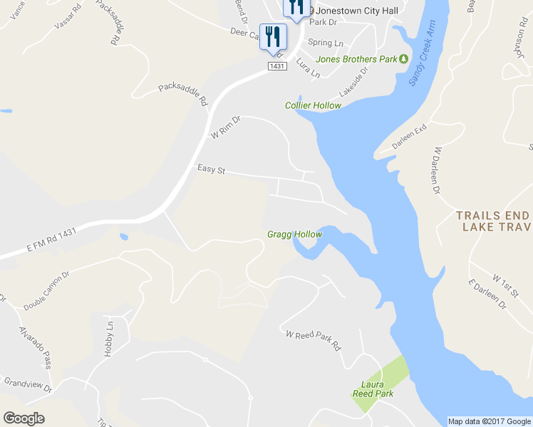 map of restaurants, bars, coffee shops, grocery stores, and more near 18209 Gregg Bluff Road in Jonestown