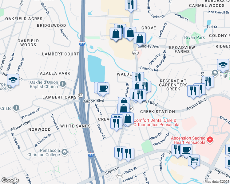 map of restaurants, bars, coffee shops, grocery stores, and more near 424 Airport Boulevard in Pensacola