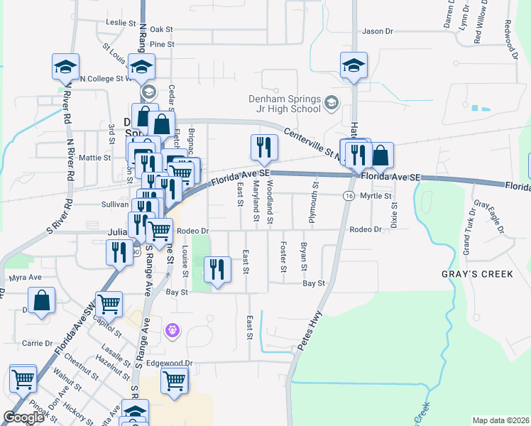 map of restaurants, bars, coffee shops, grocery stores, and more near 231 Maryland Street in Denham Springs