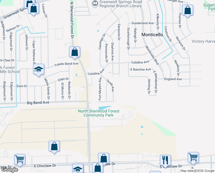 map of restaurants, bars, coffee shops, grocery stores, and more near 3625 Ocala Avenue in Baton Rouge