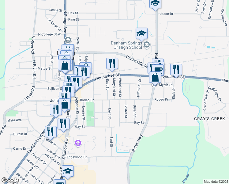 map of restaurants, bars, coffee shops, grocery stores, and more near 231 Maryland Street in Denham Springs