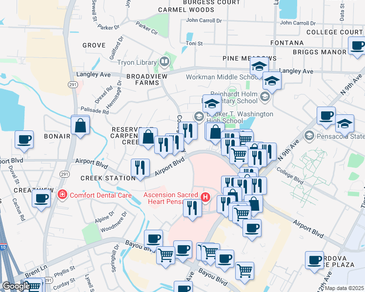 map of restaurants, bars, coffee shops, grocery stores, and more near 6005 College Parkway in Pensacola