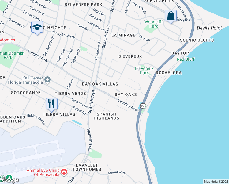 map of restaurants, bars, coffee shops, grocery stores, and more near 5765 Avenida Robledal in Pensacola