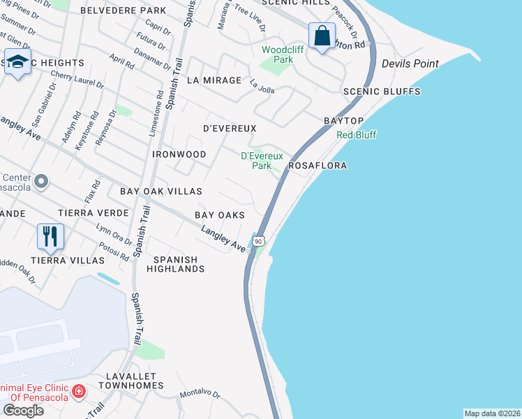 map of restaurants, bars, coffee shops, grocery stores, and more near 5615 Scenic Highway in Pensacola