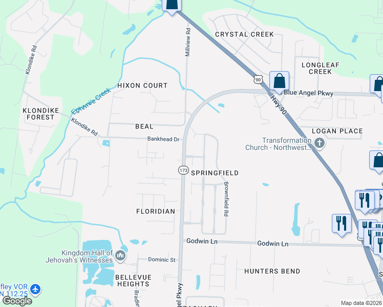 map of restaurants, bars, coffee shops, grocery stores, and more near 6570 North Blue Angel Parkway in Pensacola