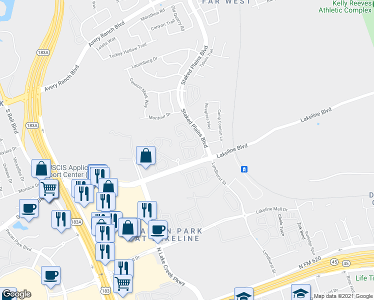 map of restaurants, bars, coffee shops, grocery stores, and more near 11213 Avery Station Loop in Austin
