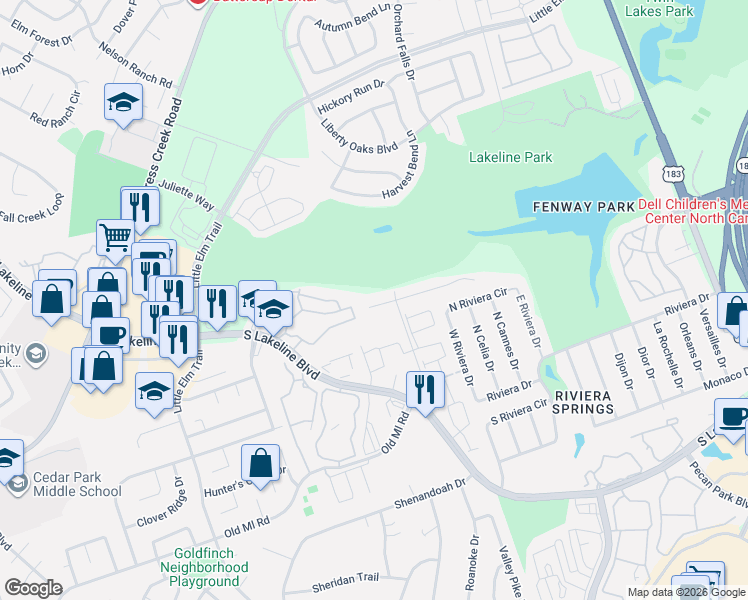 map of restaurants, bars, coffee shops, grocery stores, and more near 2000 South Lakeline Boulevard in Cedar Park