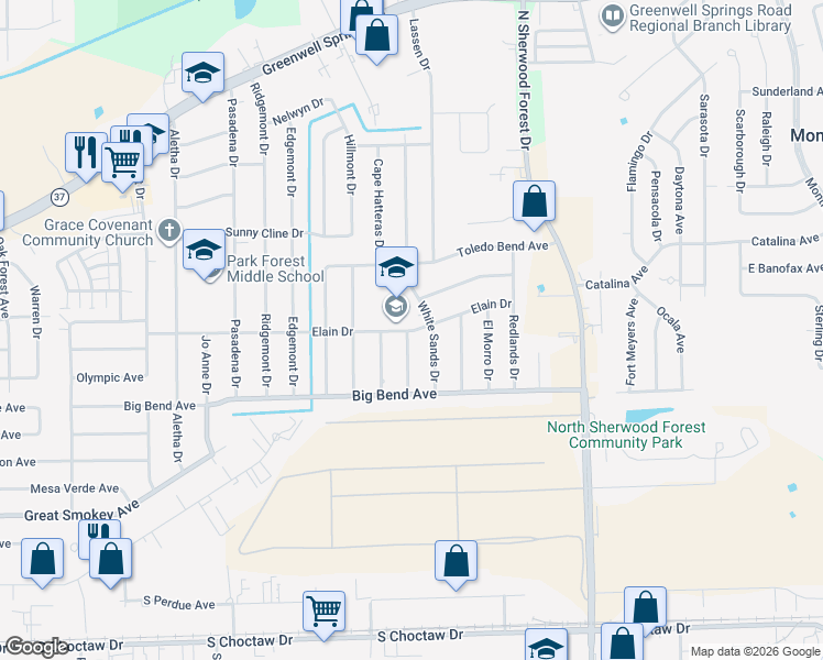 map of restaurants, bars, coffee shops, grocery stores, and more near 10717 Elain Drive in Baton Rouge