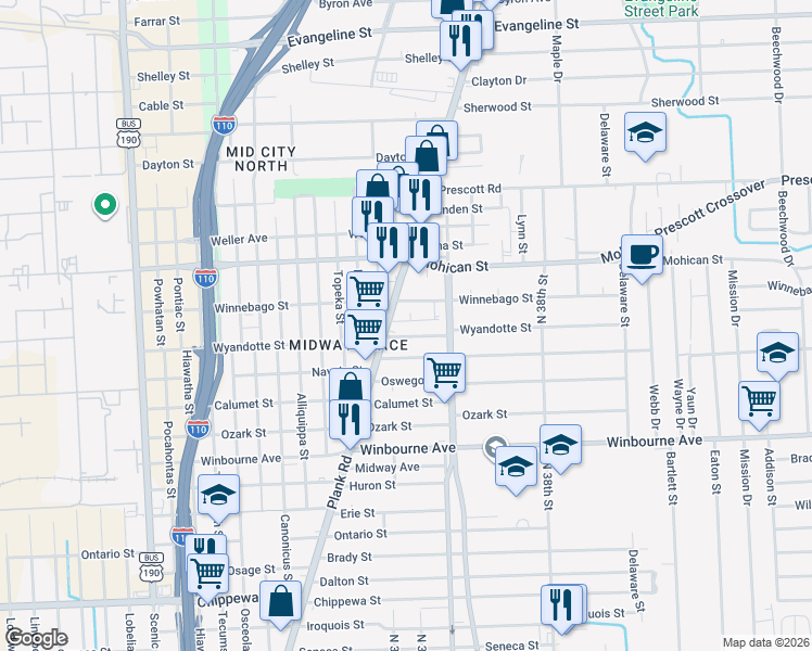 map of restaurants, bars, coffee shops, grocery stores, and more near 3153 Pampas Street in Baton Rouge