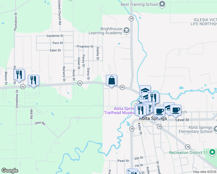 map of restaurants, bars, coffee shops, grocery stores, and more near 21459 Louisiana 36 in Abita Springs