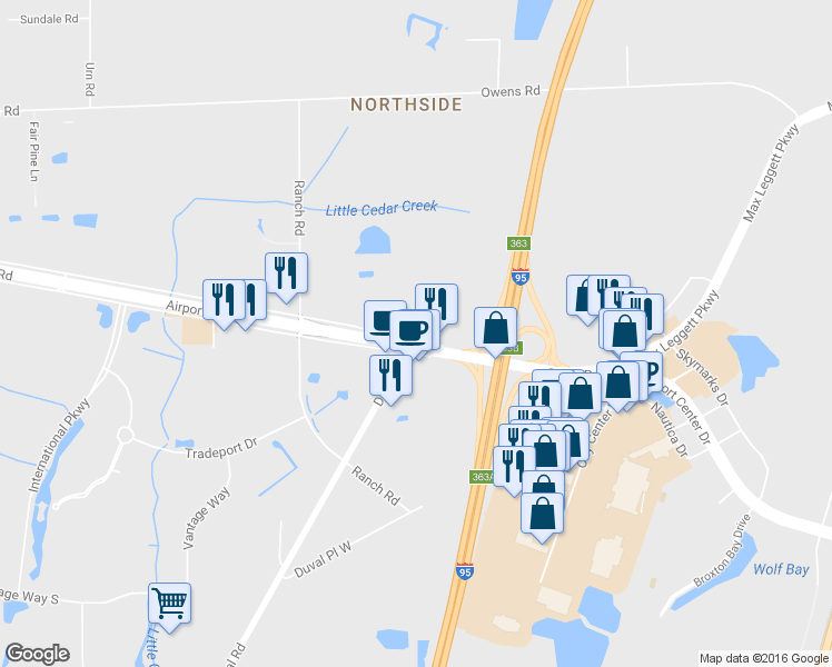 map of restaurants, bars, coffee shops, grocery stores, and more near 14679 Duval Rd in Jacksonville