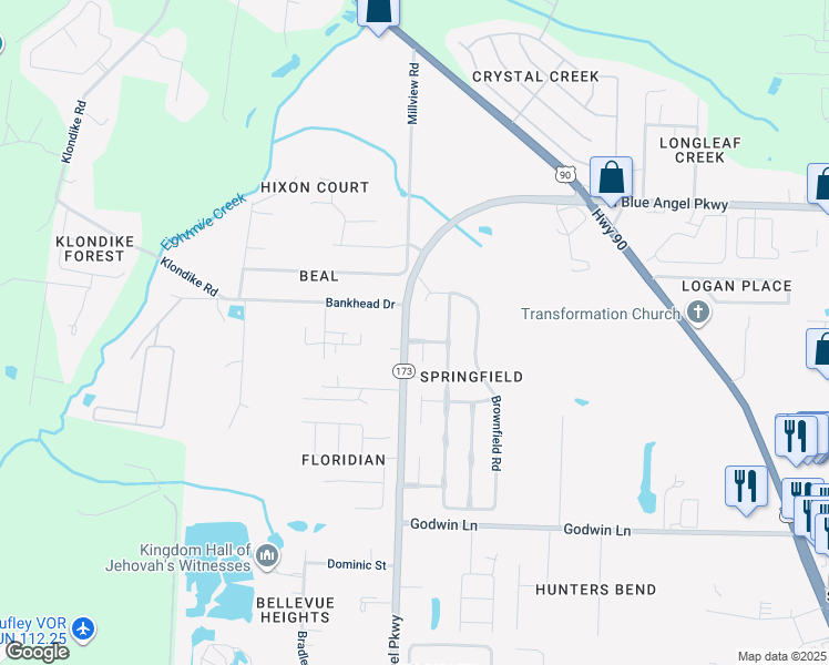 map of restaurants, bars, coffee shops, grocery stores, and more near 10 Remington Drive in Pensacola