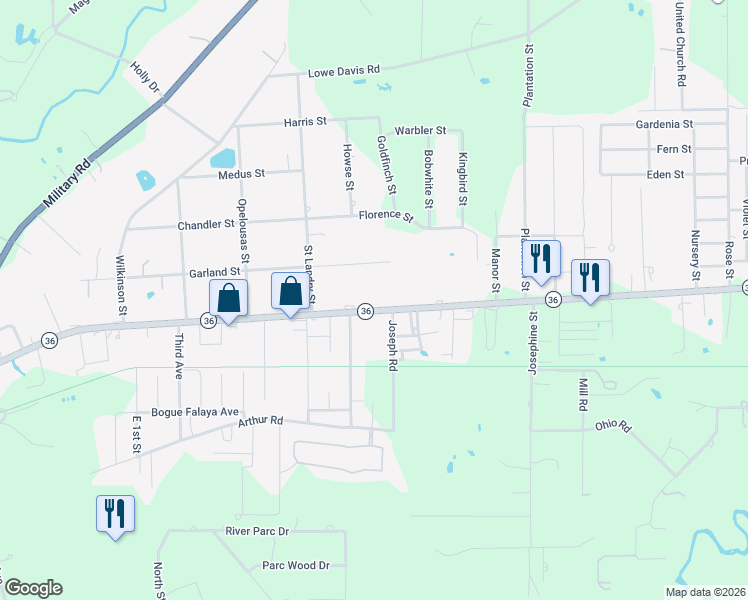 map of restaurants, bars, coffee shops, grocery stores, and more near 20339 Louisiana 36 in Covington