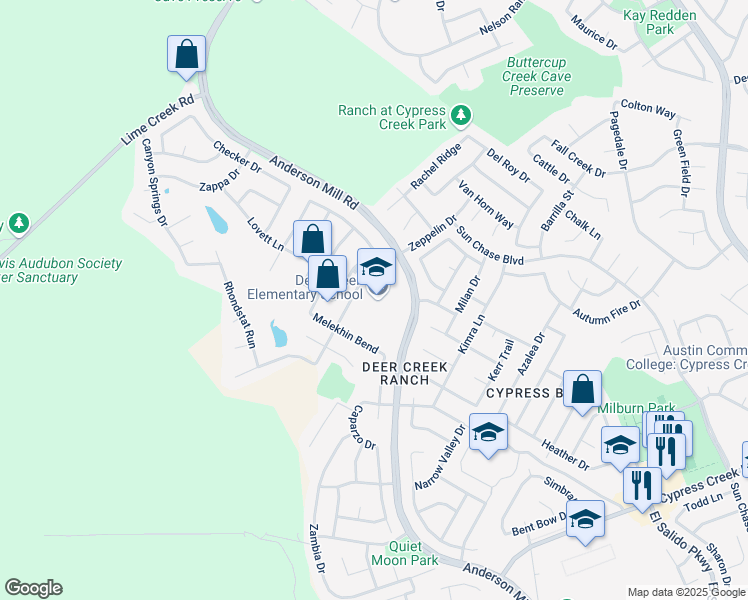 map of restaurants, bars, coffee shops, grocery stores, and more near 2420 Zeppelin Drive in Cedar Park