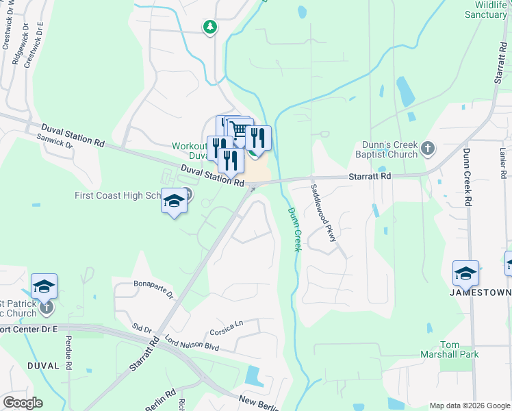 map of restaurants, bars, coffee shops, grocery stores, and more near 13595 Ashford Wood Court West in Jacksonville