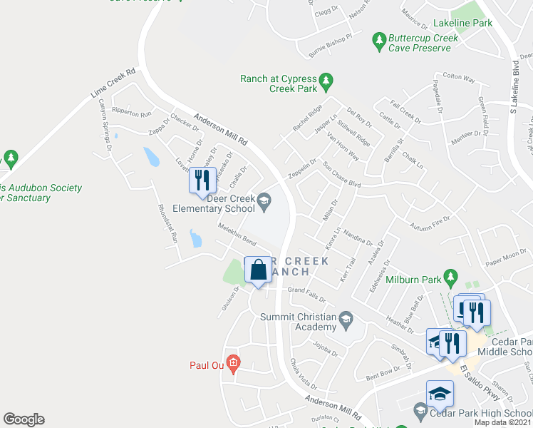 map of restaurants, bars, coffee shops, grocery stores, and more near 2420 Zeppelin Drive in Cedar Park