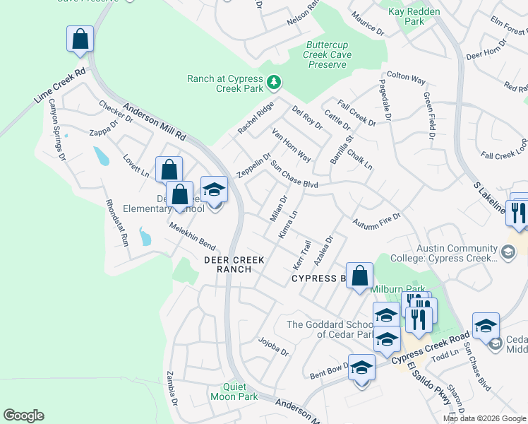 map of restaurants, bars, coffee shops, grocery stores, and more near 2202 Pena Blanca Drive in Cedar Park