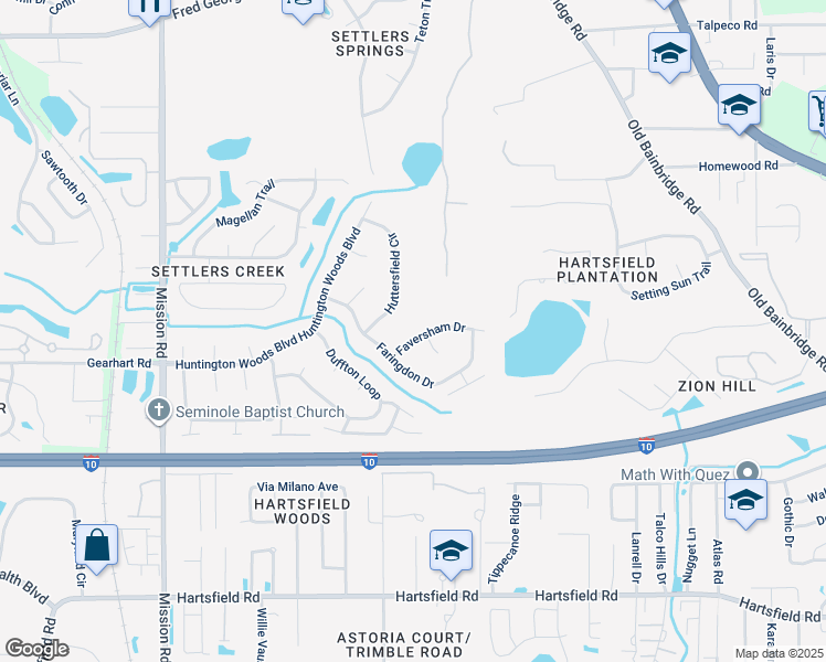 map of restaurants, bars, coffee shops, grocery stores, and more near 2638 Faversham Drive in Tallahassee