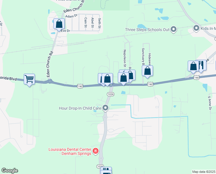 map of restaurants, bars, coffee shops, grocery stores, and more near 8447 Florida Boulevard in Denham Springs