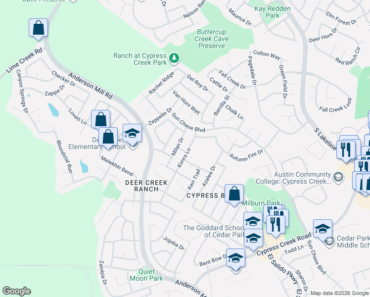 map of restaurants, bars, coffee shops, grocery stores, and more near 2113 Kimra Lane in Cedar Park