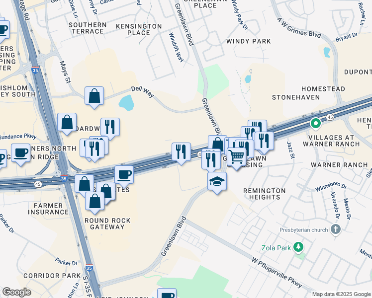 map of restaurants, bars, coffee shops, grocery stores, and more near 500 Louis Henna Boulevard in Round Rock
