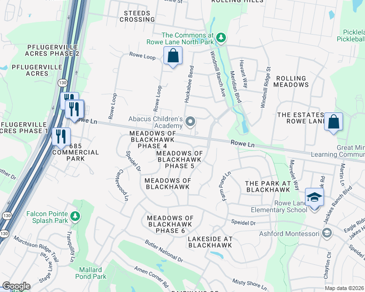 map of restaurants, bars, coffee shops, grocery stores, and more near 20624 Kearney Hill Road in Pflugerville