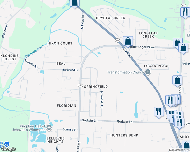map of restaurants, bars, coffee shops, grocery stores, and more near 1158 Brownfield Road in Pensacola