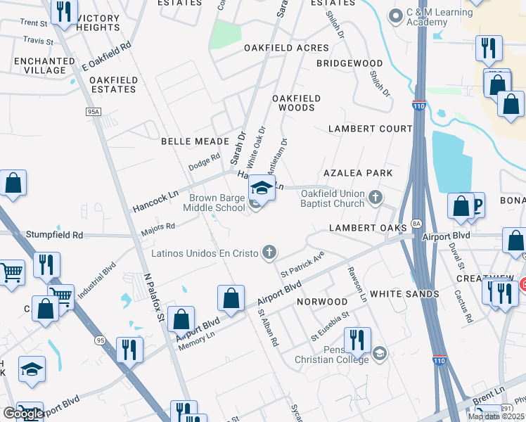 map of restaurants, bars, coffee shops, grocery stores, and more near 201 Hancock Lane in Pensacola